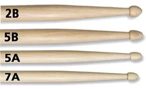 Drumstick sizes side by side: 2B, 5B, 5A and 7A from thickest to thinnest