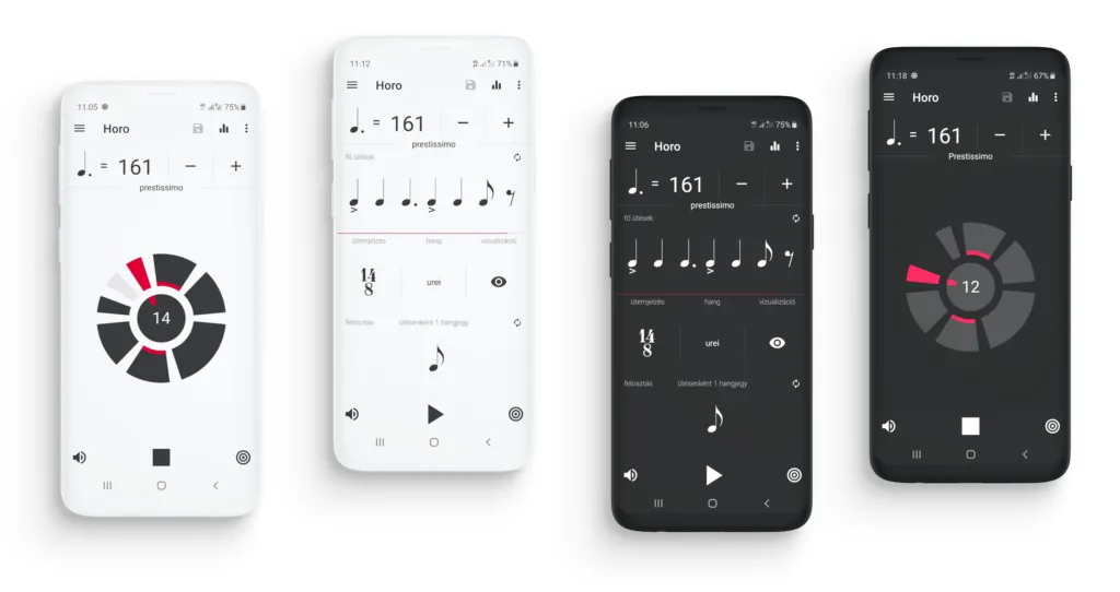 Metronome app screens on phones in light and dark themes, tempo 161