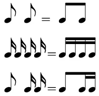 Single eighth and sixteenth notes beamed into groups