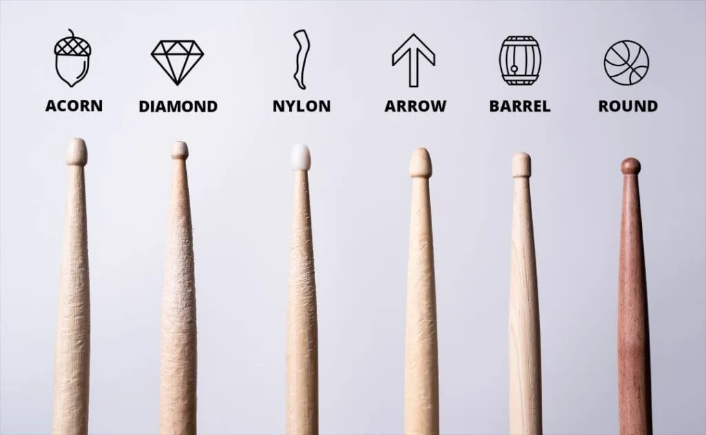 Drumstick tip shapes: acorn, diamond, nylon, arrow, barrel and round