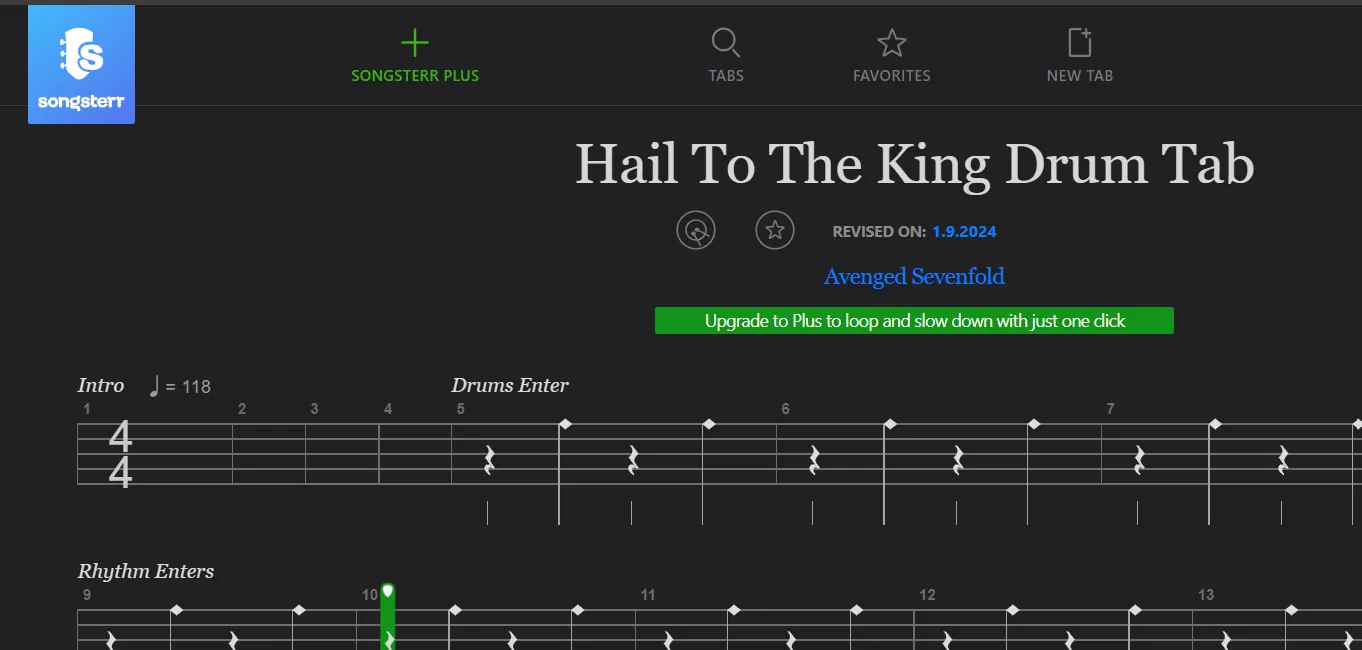 Songsterr drum notation view of Hail To The King (Avenged Sevenfold)