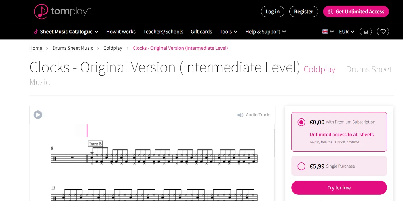 Tomplay drum sheet music page for Clocks (Coldplay) with pricing