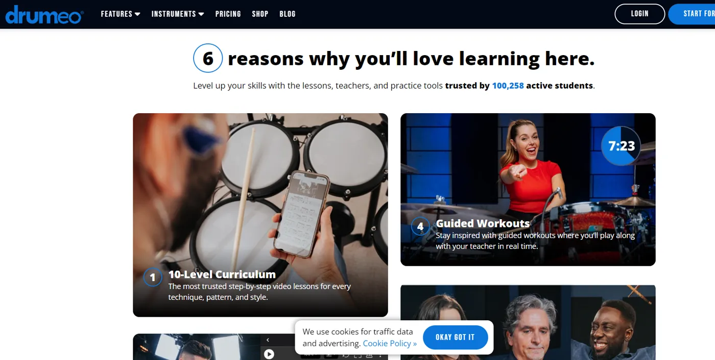 Drumeo's home page showing lessons and guided practice sessions