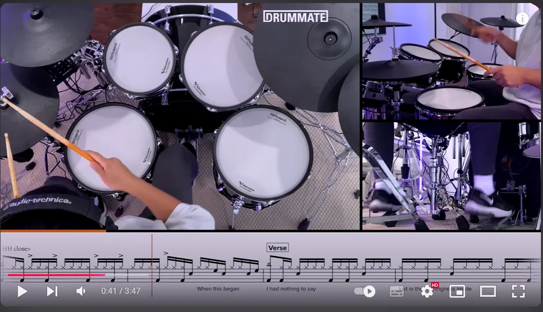 A YouTube video from the Drummate channel: an e-drum kit on screen with drum notation at the bottom