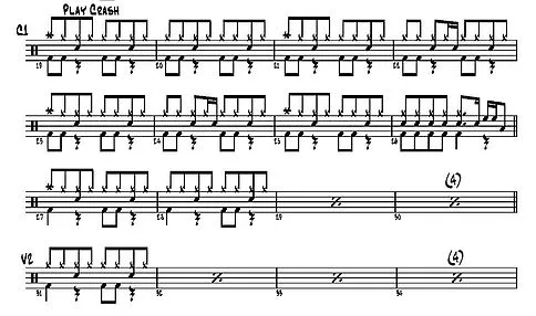 Example of handwritten drum notation with crash markings and repeat signs