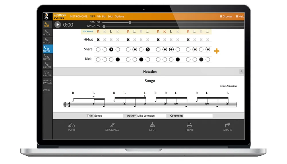The GrooveScribe app on a laptop screen: a songo groove shown in a grid and as notation