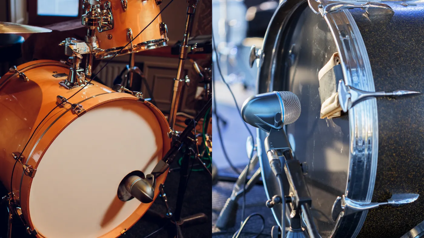 Bass drum mic in front of the hole in the front head and another mic next to the drum