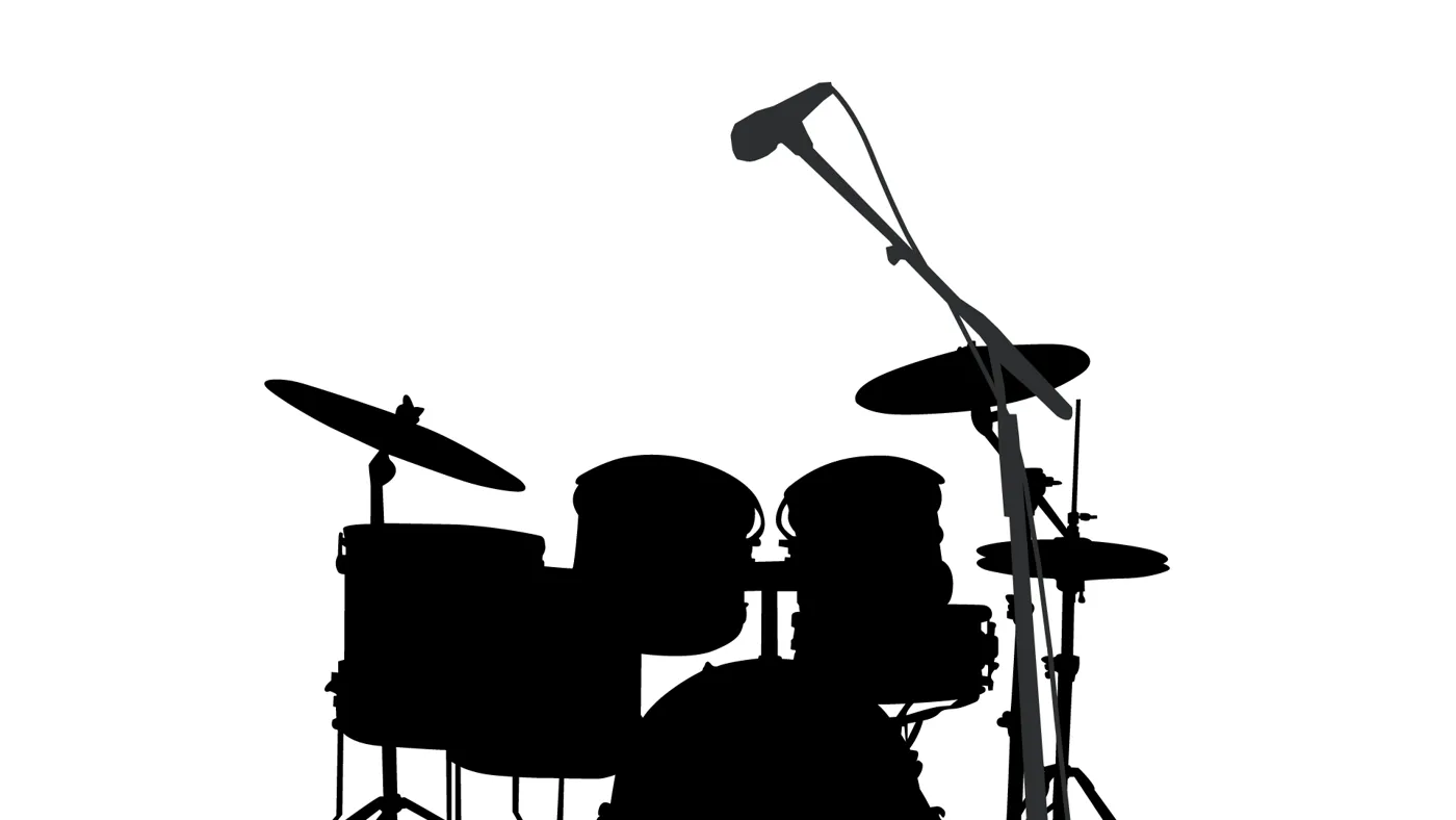 Silhouette of a drum kit with one overhead mic on a stand above the kit