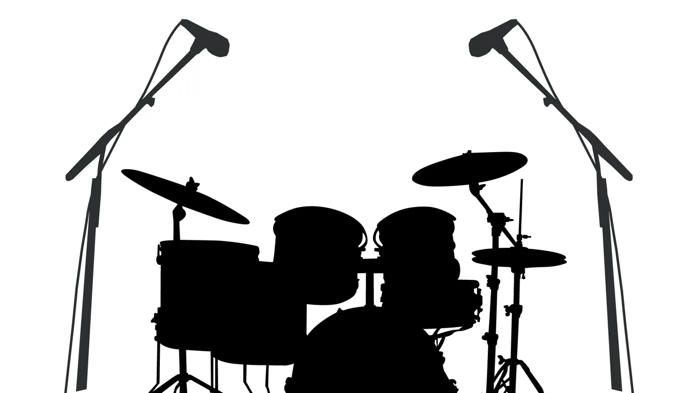 Silhouette of a drum kit with two overhead mics on either side of the kit