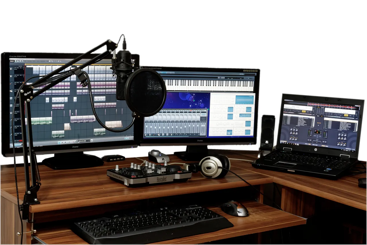 Mixing station: two screens with a mixing program, a mic with a pop filter, an audio interface and headphones