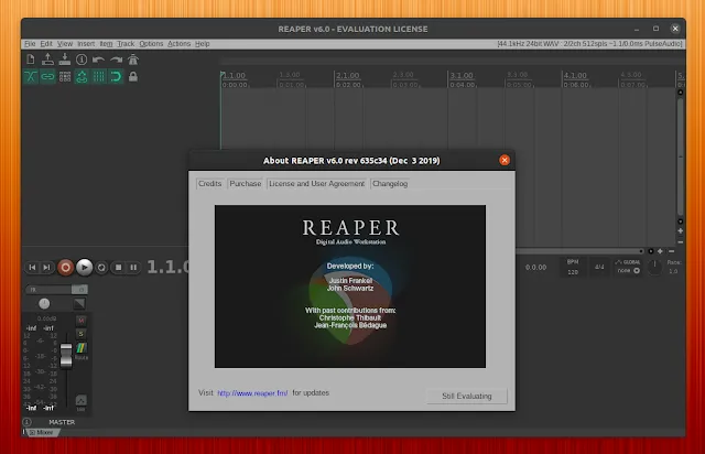 The Reaper recording software (DAW) view and the About REAPER v6.0 window