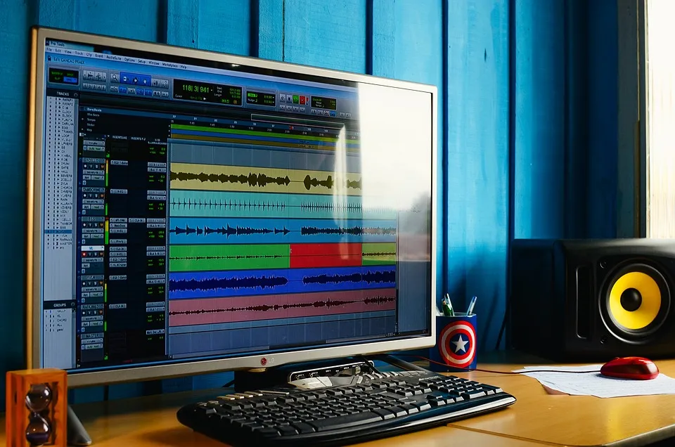 Recording software on a computer screen: drum track waveforms ready for mixing, a studio monitor next to it