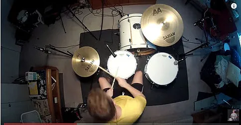 Drum kit from above: Sabian cymbals set above the snare and toms within easy reach