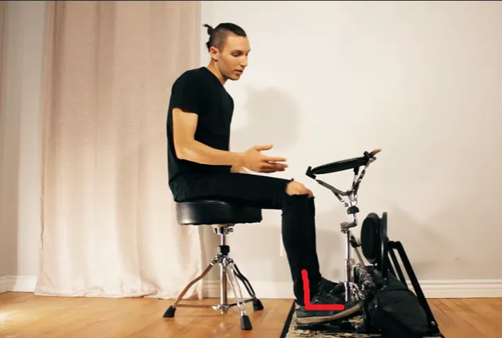 The same position from the side, a red line highlights the ankle being in front of the knee on the pedal