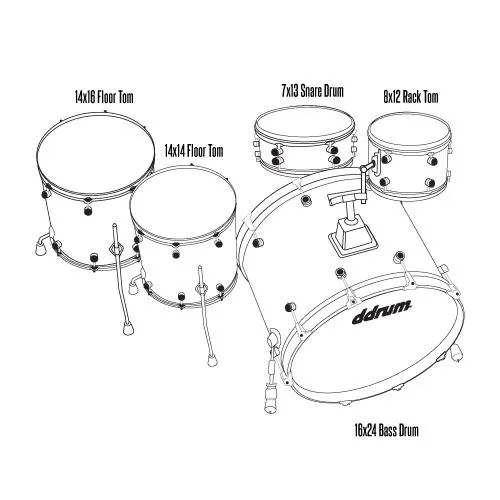 ddrum shell pack: 16x24 bass drum, 8x12 tom, 7x13 snare and 14x14 and 14x16 floor toms