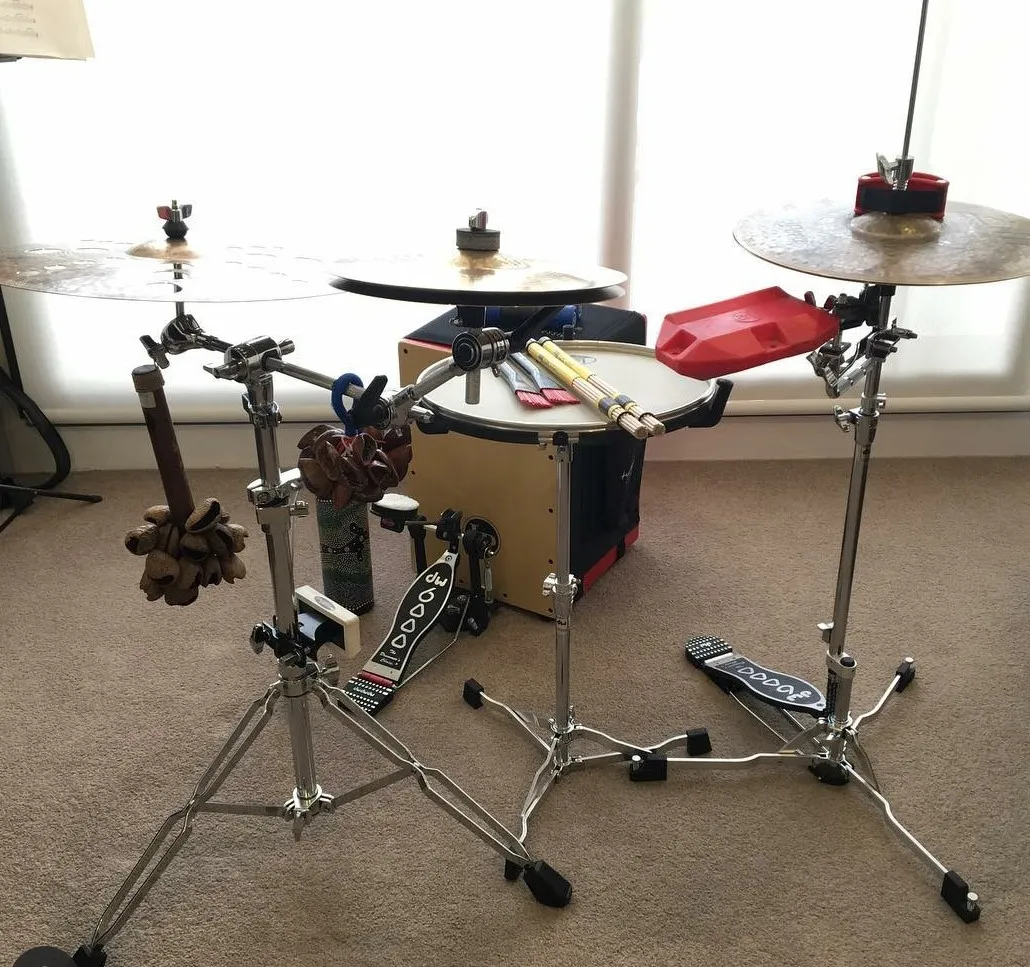 Quiet practice kit: cajon, pedals, hi-hat stand, cymbals and percussion