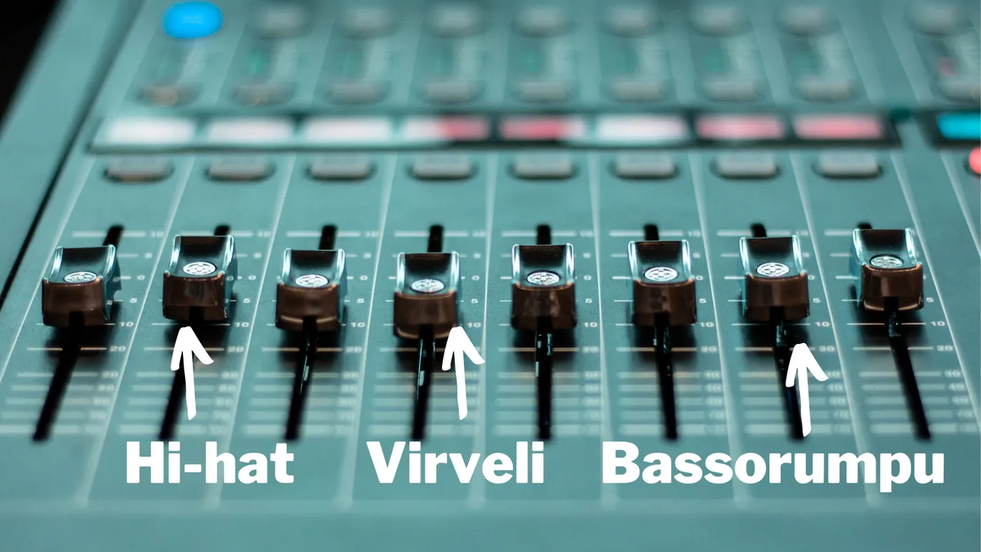 Mixer faders labeled hi-hat, snare and bass drum – the human mixer exercise