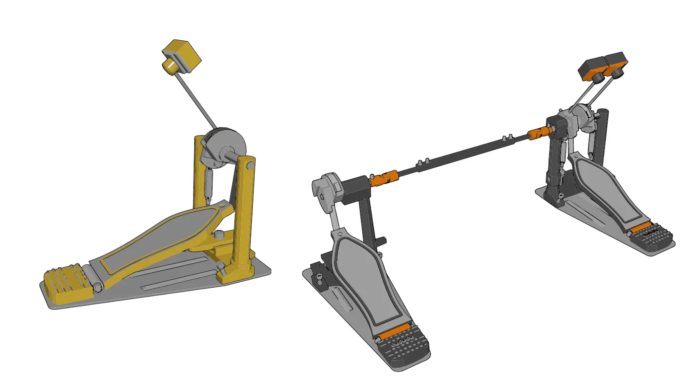 A single bass drum pedal and a double pedal with its connecting shaft