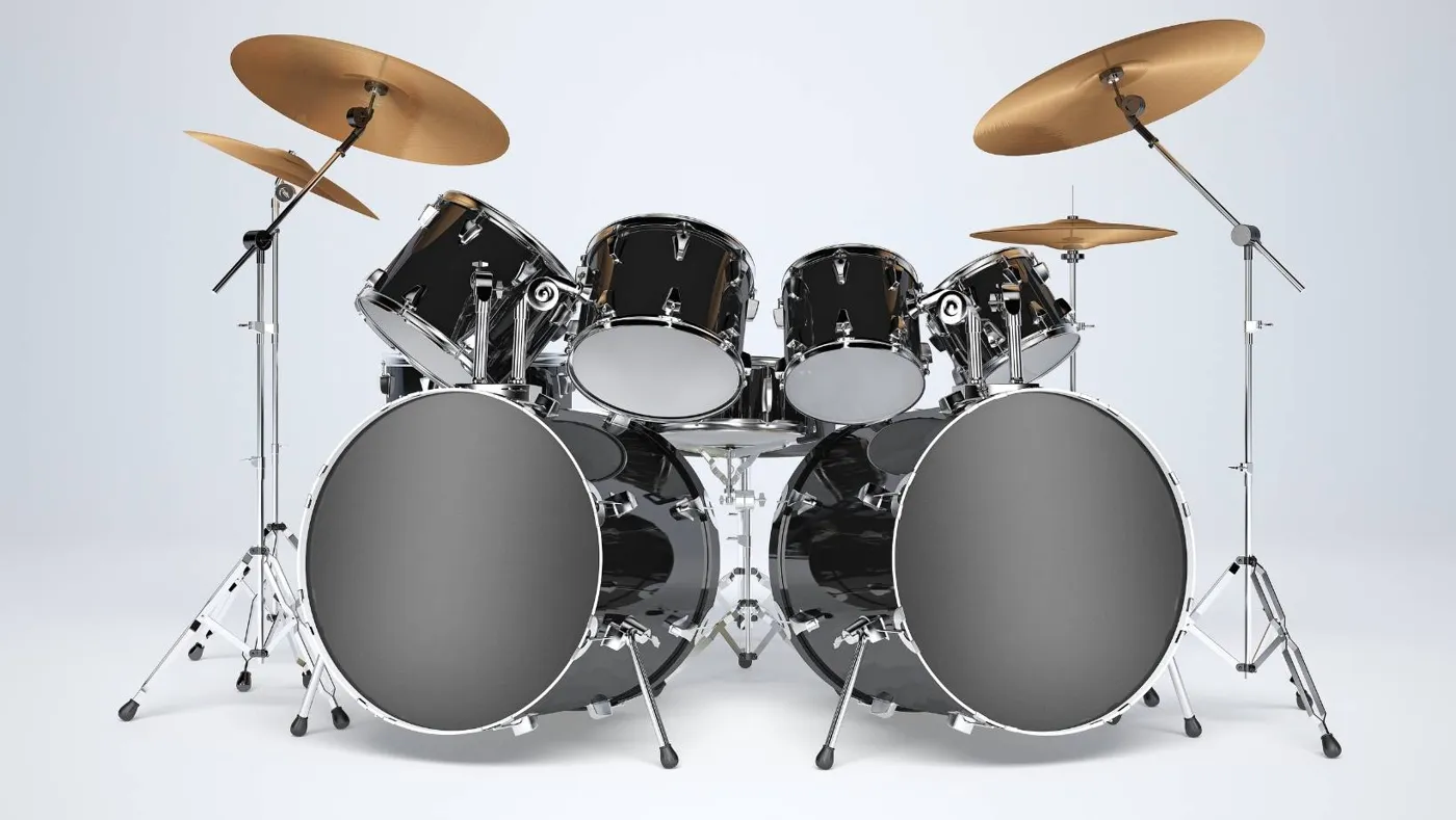 A black drum kit with two bass drums, four toms and cymbals