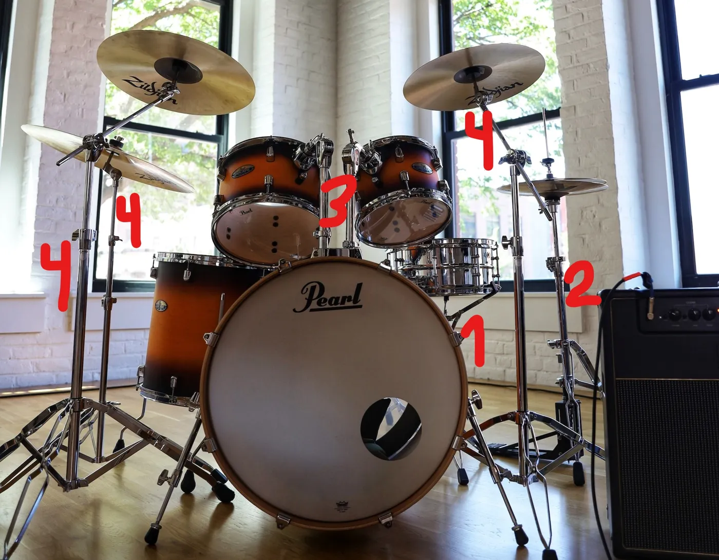 Drum kit stands numbered: snare stand, hi-hat stand, tom stand and cymbal stands