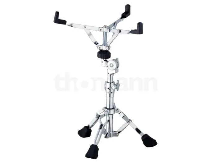 A snare stand with adjustable support arms and a tripod base