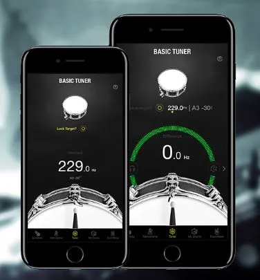 A drum tuner app on a phone showing a pitch of 229 Hz measured from a snare
