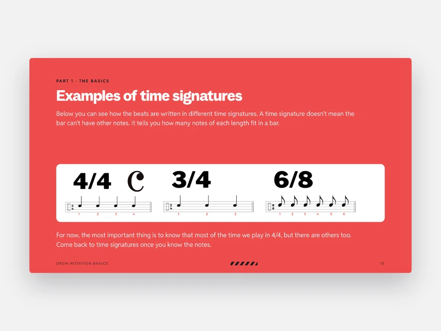Examples of time signatures – a page from Drum Notation Basics