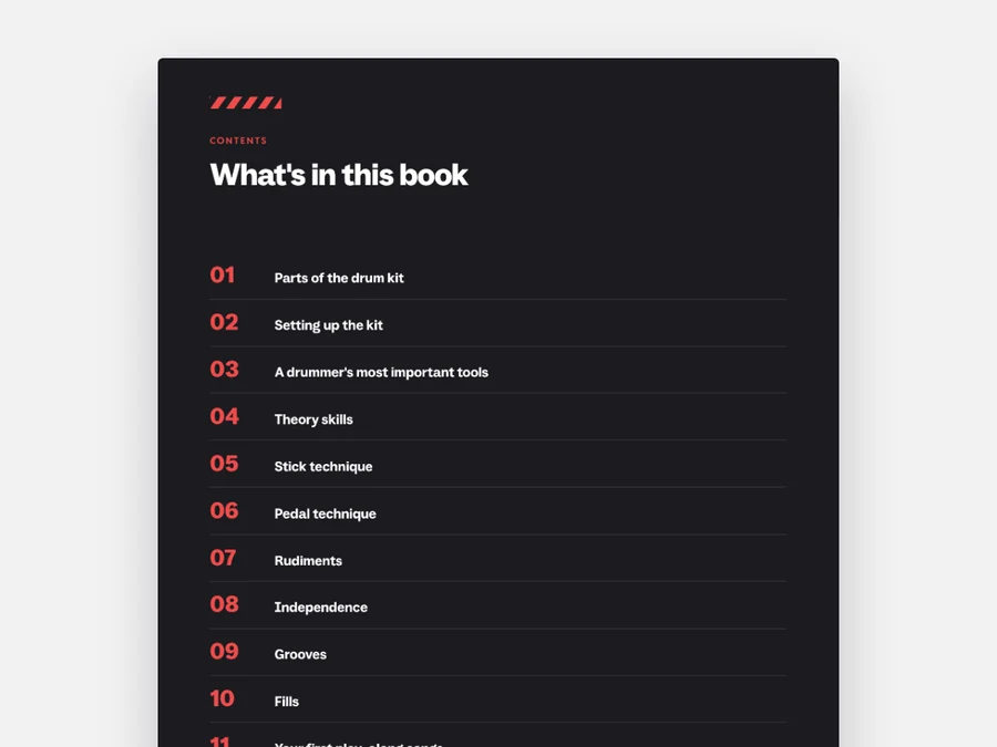 Table of contents – a page from The Drummer's First Year